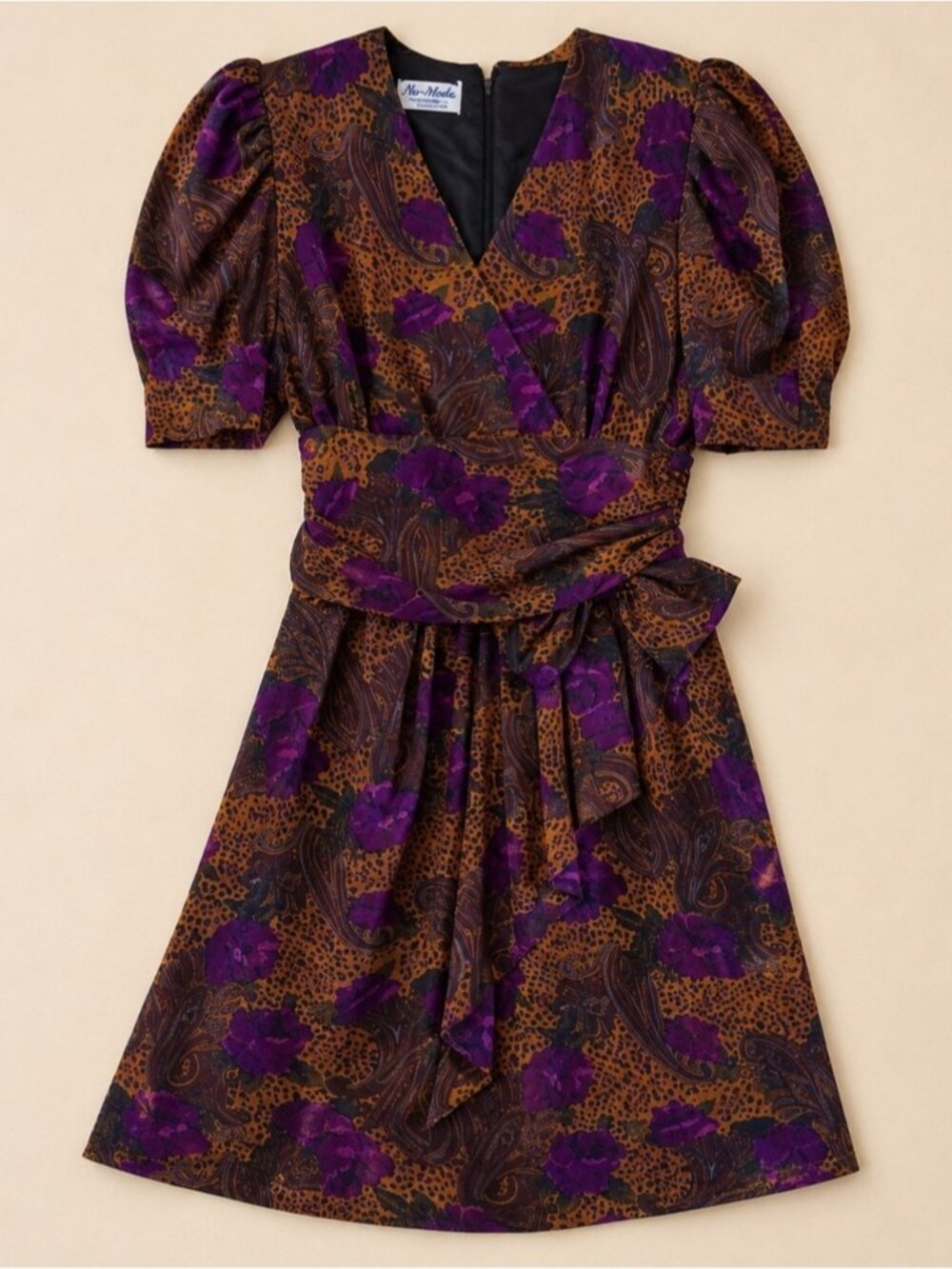 Vintage 80s Nu-Mode Puff Sleeve Dress Large  Purple Paisley Leopard Print Prom